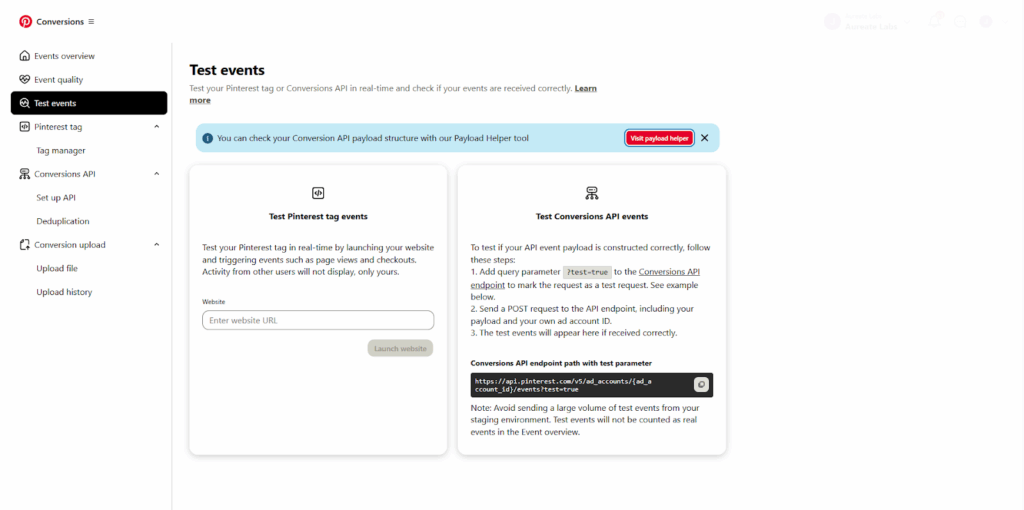 Pinterest Ads Manager test events screen showing tools to verify Pinterest Tag and Conversions API event tracking in real time