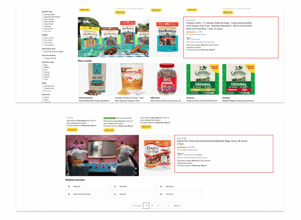 Amazon search result, middle or bottom placement of Sponsored Products
