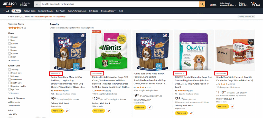 Amazon search results with sponsored product listings